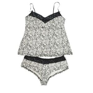 Plume Womens Black White Rose Print Lace Trim 2-Piece Cami Pajama Set XL NEW